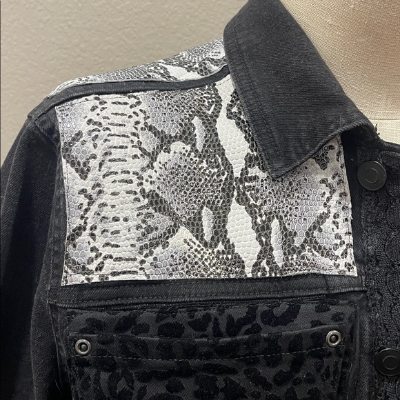 Upcycled Black Denim Jacket with Peplum & Floral Whitework Embroidery. Size M-L - Picture 9 of 15